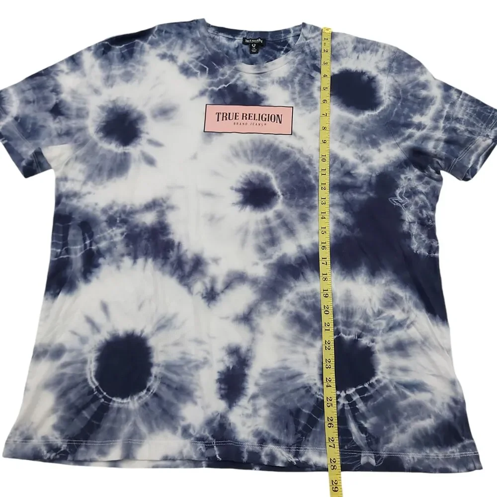 True Religion Mens Large Blue Tie Dye T-Shirt Relaxed Fit Short Sleeve Cotton